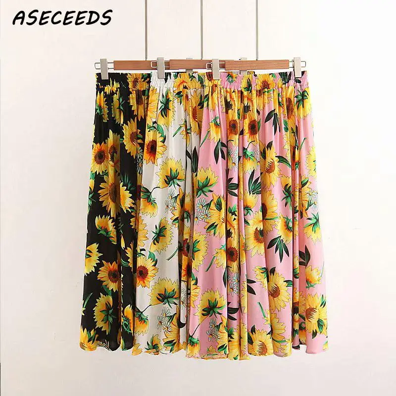 

Vintage sunflower print boho skirt Summer elastic waist Chic Mid Calf Skirts womens casual beach long skirt falda mujer 2018