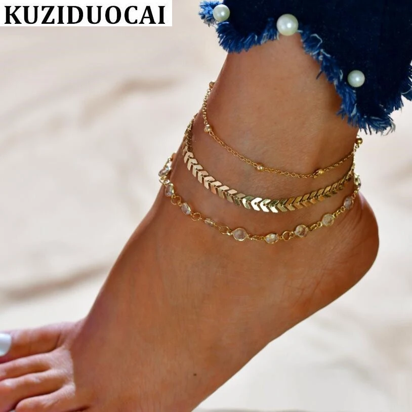 

Kuziduocai New Fashion Sandals Beach Yoga Jewelry Crystal Fish Bone Beaded Bracelet Leg Anklet Tornozeleira Women Girl Gift B-58