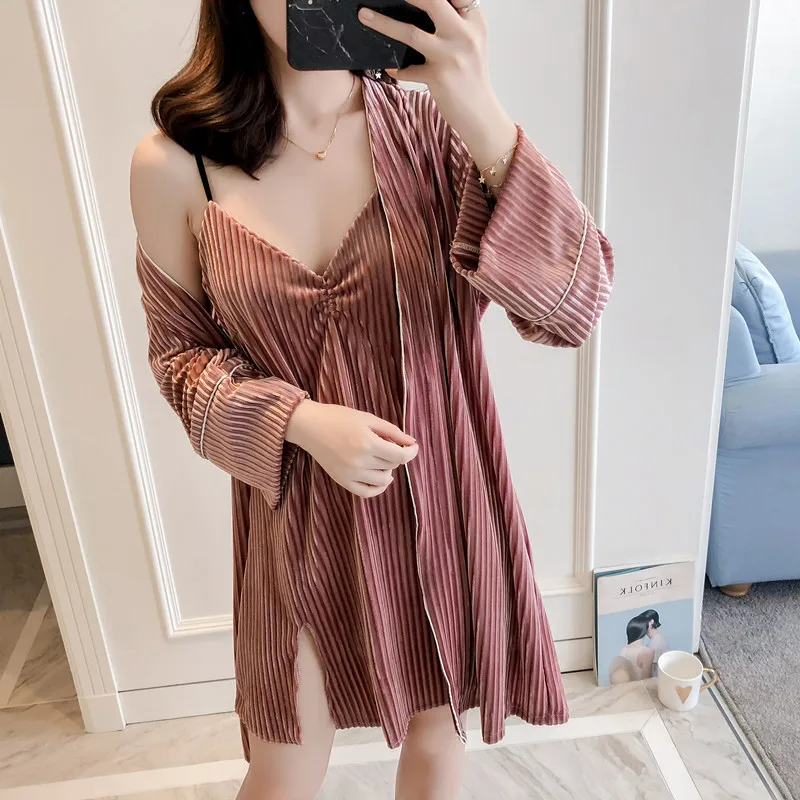 

Lisacmvpnel Autumn New Stripe High Quality Velvet Women Robe Set Keep Warm Fashion 2 Pcs Pajamas