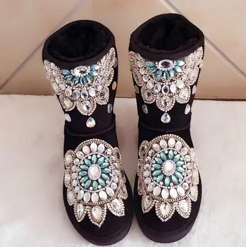 

2018 Women's Winter Warm Snow Boots Diamonds Stretch Fabric Leather Shoes High Quality Crystal Ankle Boots Classic Flats Woman
