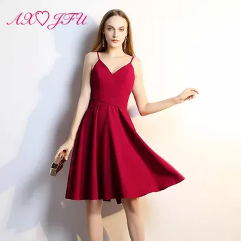 

AXJFU Sexy sleeveless spaghetti strap red evening dress chiffon elegant self-cultivation short red evening dress