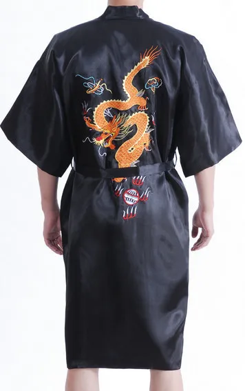 Китайская мужская шелковая атласная Вышивка в виде дракона халат с поясом S M L XL XXL XXXL MR007 - Цвет: black