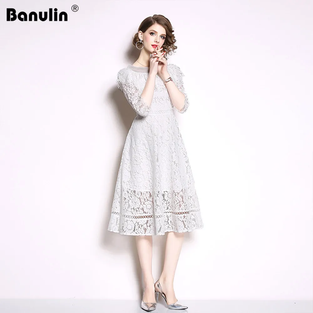 

Banulin 2019 Summer Runway White Lace Dresse Women's Fashion Hollow Out Slim Sexy Vestidos Casual Slim Office Party Dresss