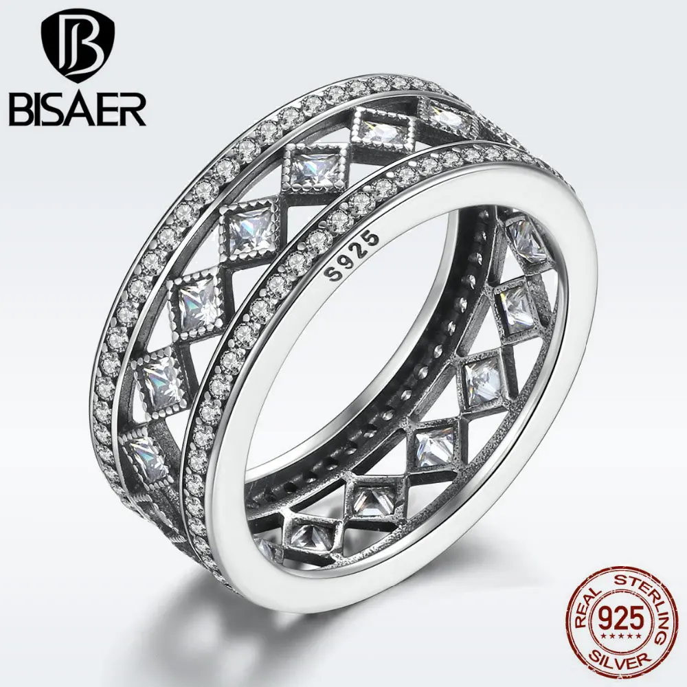 

BISAER 925 Sterling Silver Square Vintage Fascination Cocktail Clear CZ Female Finger Ring Women Engagement Jewelry S925 WEU7601