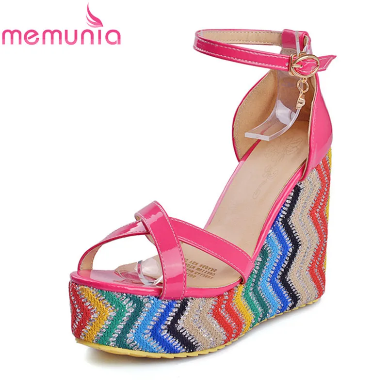 

MEMUNIA colour stripe hot sale party pu+patent leather summer shoes woman wedges shoes spuer high sandals women sweet shoes