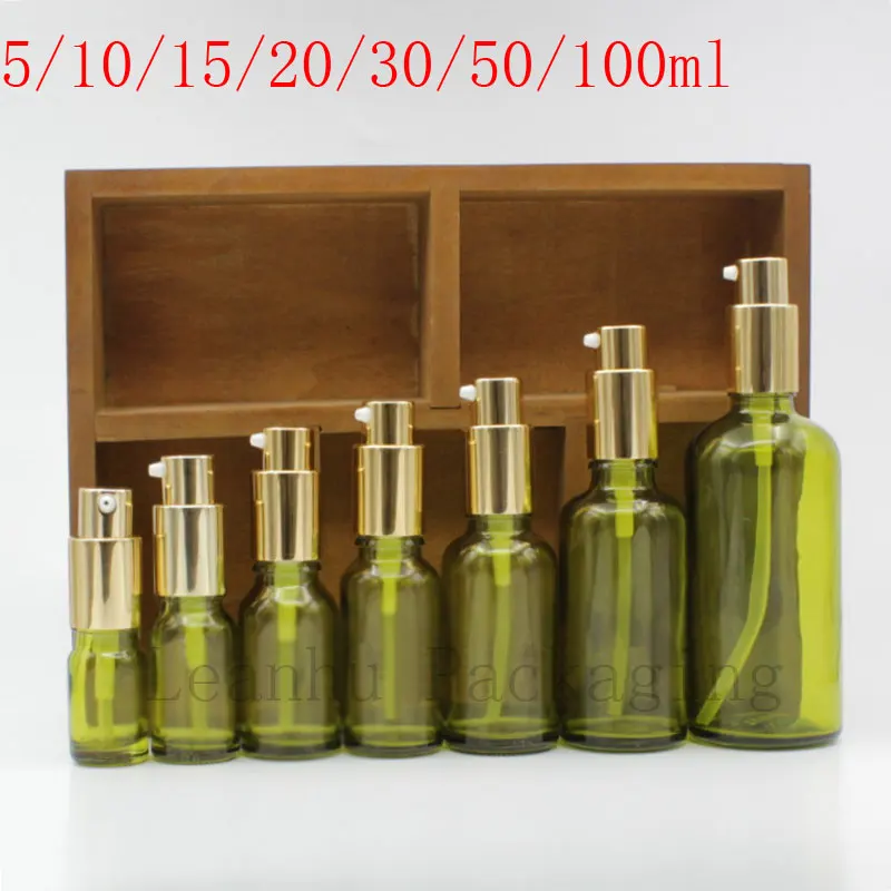 Green Glass Lotion Cream Makeup Bottles With Golden Lotion Pump,Empty