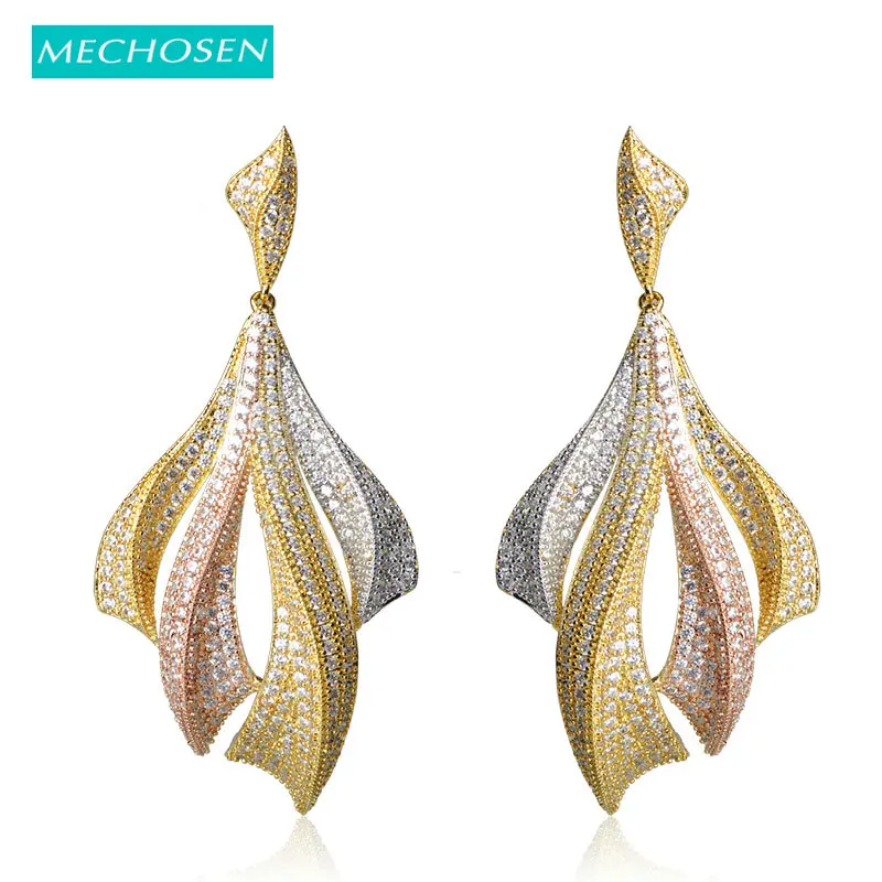 

MECHOSEN Mirco Paved Cubic Zirconia Long Drop Earrings Women Wedding Jewelry 3 Tone Plated Earring Brinco Fashion Nigeria Bijoux