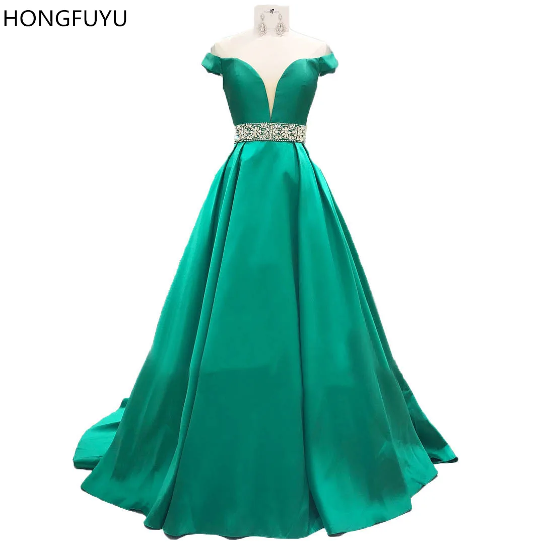 

HONGFUYU Off Shoulder Satin Prom Dresses Formal Evening Dress For Special Occasion Crystals Waistband A Line Party Gowns Elegant