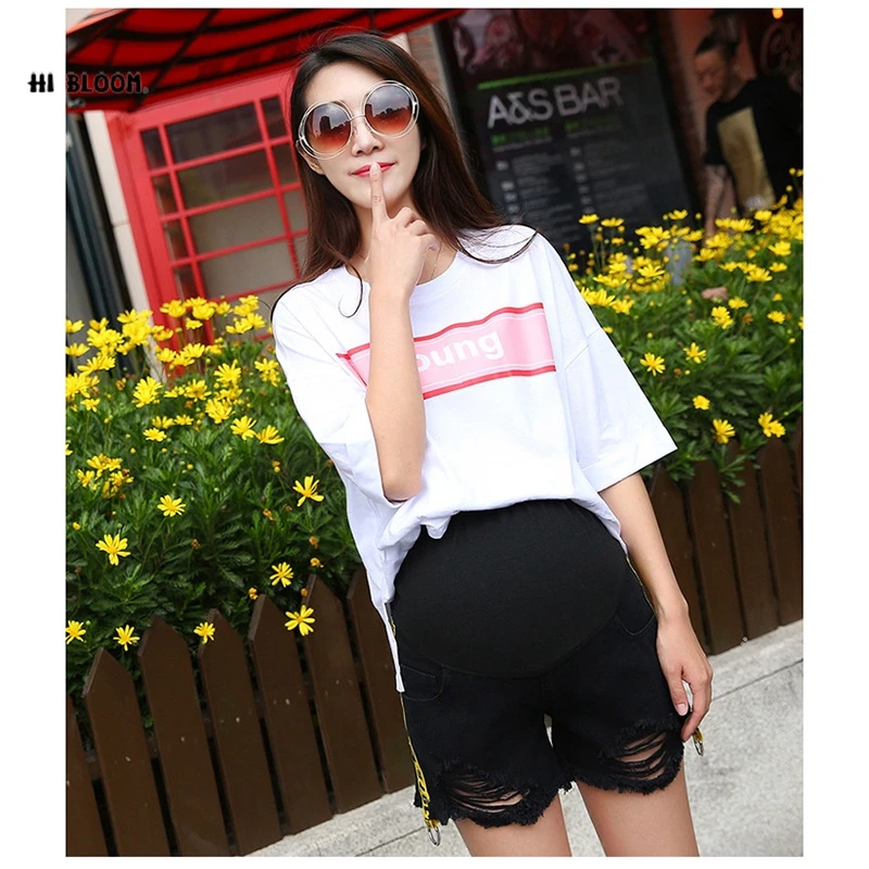 

Summer Maternity Denim with Yellow Belt Shorts Jeans Black Pregnant Short Maternity Pants Clothes Pregnant Women Capris Pants