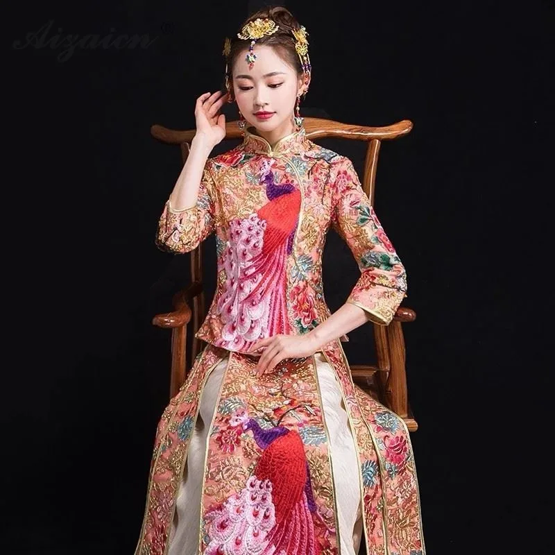 Современные свадебные платья для свадьбы Qi Pao женские Китайский традиционный свадебный платье Qipao Восточный стиль желтый Ретро Длинный