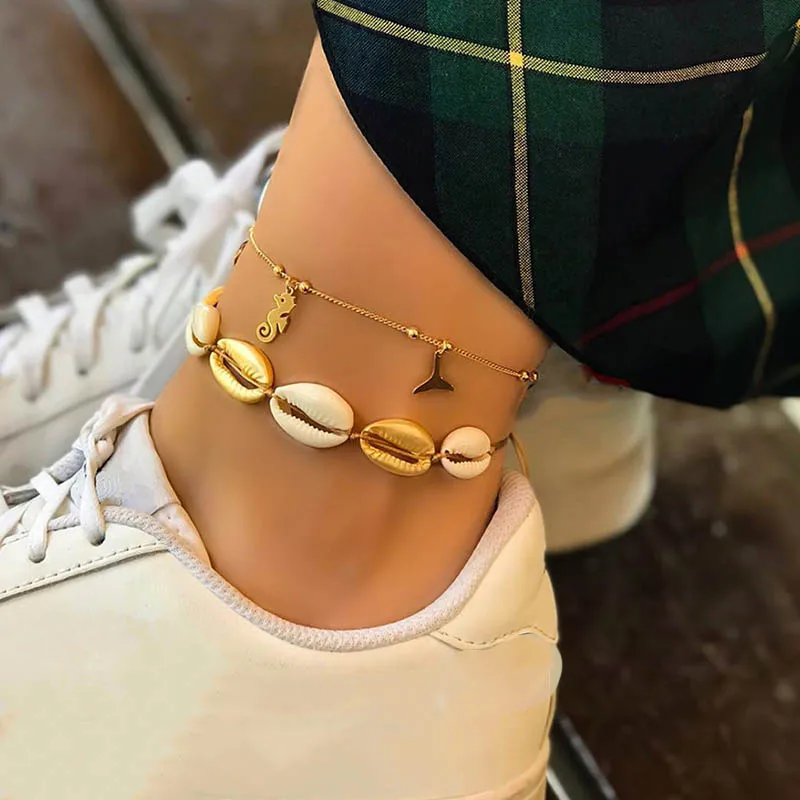 

2 Pcs/ Set Boho Shell Hippocampus Fishtail Beads Chain Leather Double Layer Anklet Set Women Fashion Beach Jewelry Accessories