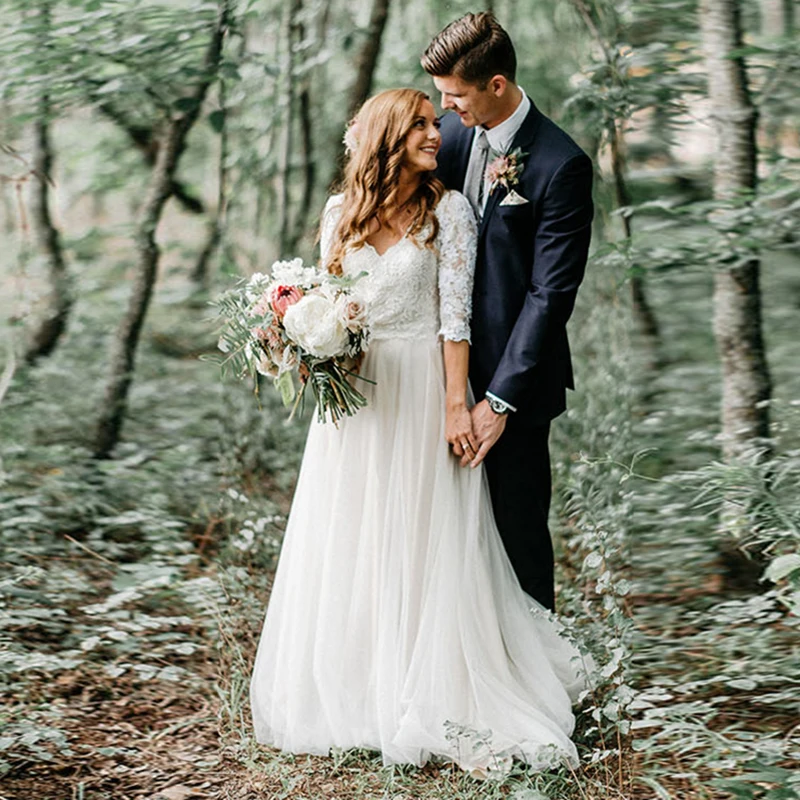 LORIE Boho Trouwjurk Lace V-hals Half Mouw Chiffon Open Back Eenvoudige Prinses Bruid Dress Custom Made Jurk 2019