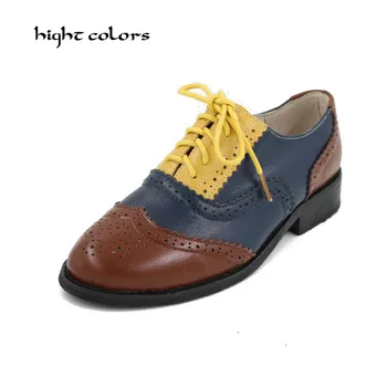 

15 colors Plus Size 33~45 Brand Genuine Leather Shoe Women Brogues Oxfords Flat Heels Round Toe Handmade Women Casual Shoes D202