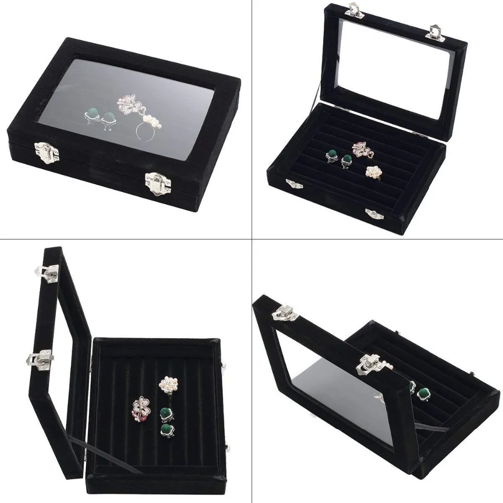 

Black 7 Slots Velvet Display Case Box Earring Ring Organizer Jewelry Tray Cufflink Storage Showcase with Clear Glass Lid