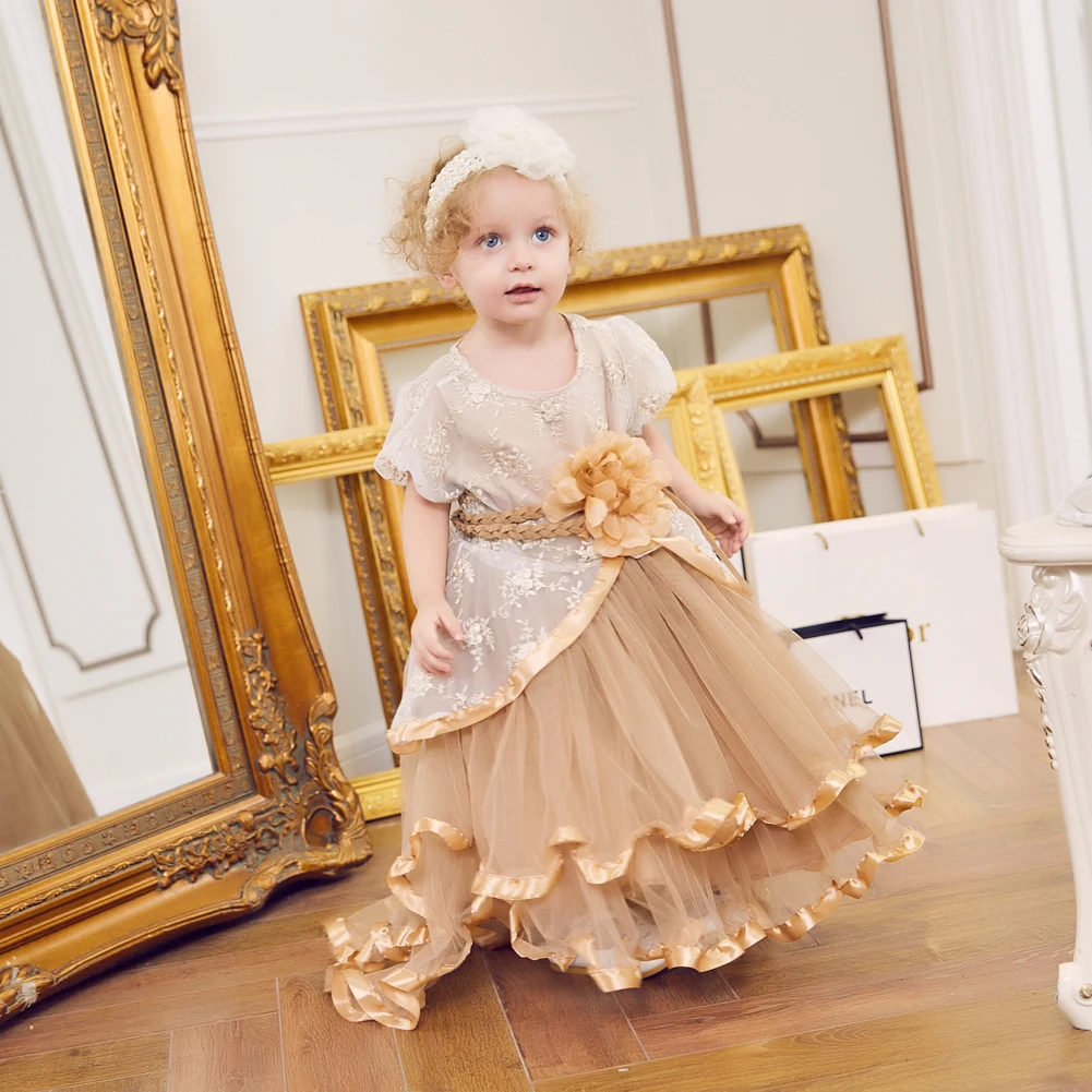 Платья принцессы для девочек; кружевное многослойное фатиновое платье с оборками и цветочным рисунком для маленьких девочек; Нарядный сарафан подружки невесты