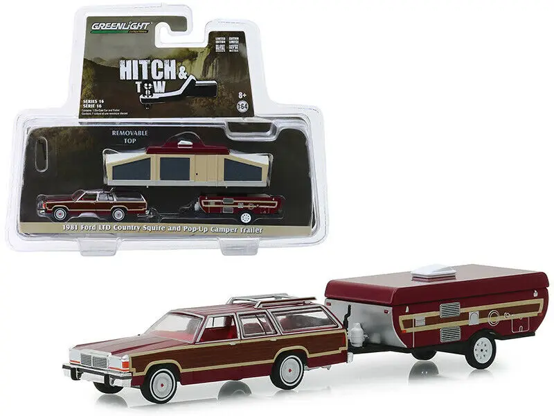 GL 1: 64 1981 Ford LTD кантри Сквайр и всплывающий Кемпер Трейлер Модель автомобиля литая под давлением металлическая игрушка подарок на день рождения для детей мальчика