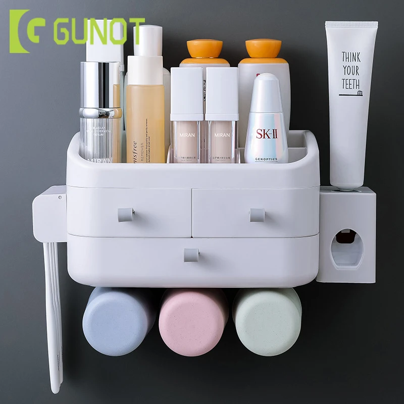 

GUNOT Multifunction Toothbrush Holder Automatic Toothpaste Dispenser Bathroom Storage Rack Wall Mount Bathroom Accessories Set