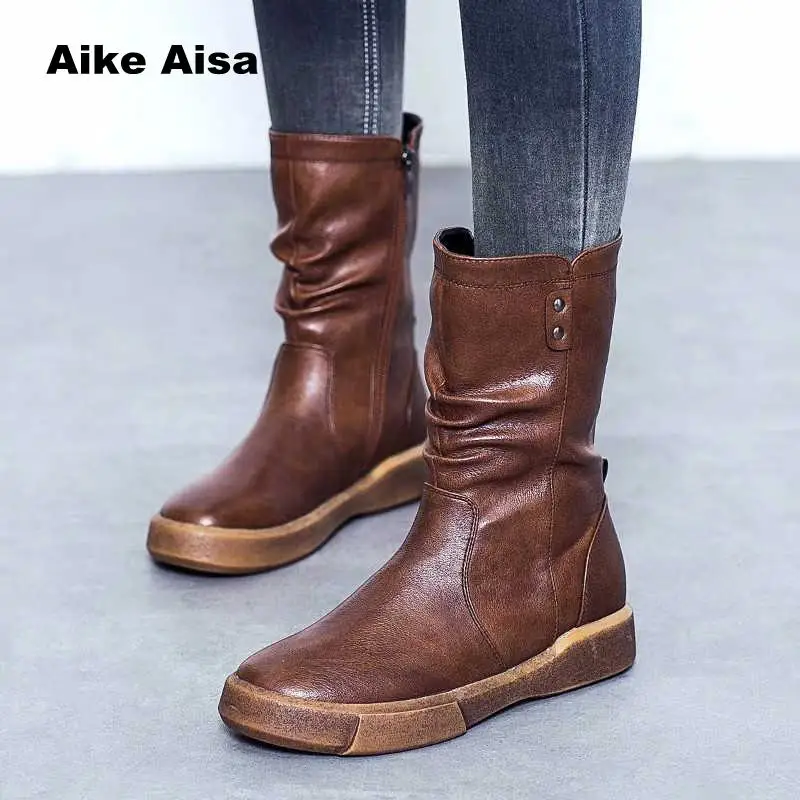 

Plus Size 35-42 Women Heels Boots Female Mid-Calf Woman Hot Fashion Shoes Black Leather Botas De Mujer Winter Rainboots Plush T9