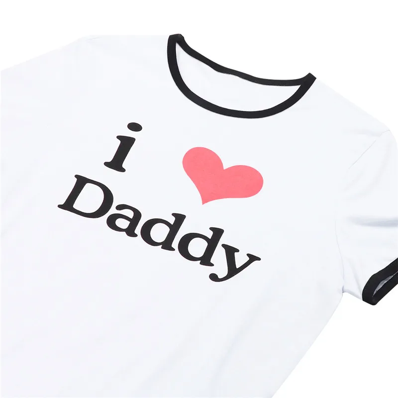 TiaoBug Для женщин для взрослых I Love Daddy» узор короткий рукав оснастки промежности хлопковый комбинезон пикантные Для женщин боди Косплэй