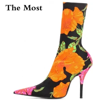 

Floral Print Sexy Stiletto Sock Women Booties Stretch Pointed Toe High Heels Ankle Boots Fashion Botas Mujer Shoes Women