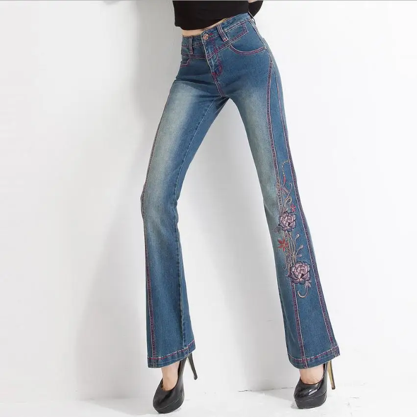 2XL-7XL плюс размер вышивка хлопок расклешенные джинсы весна женские мультфильм partten джинсы были тонкие с стрейч теплые джинсы wj1999