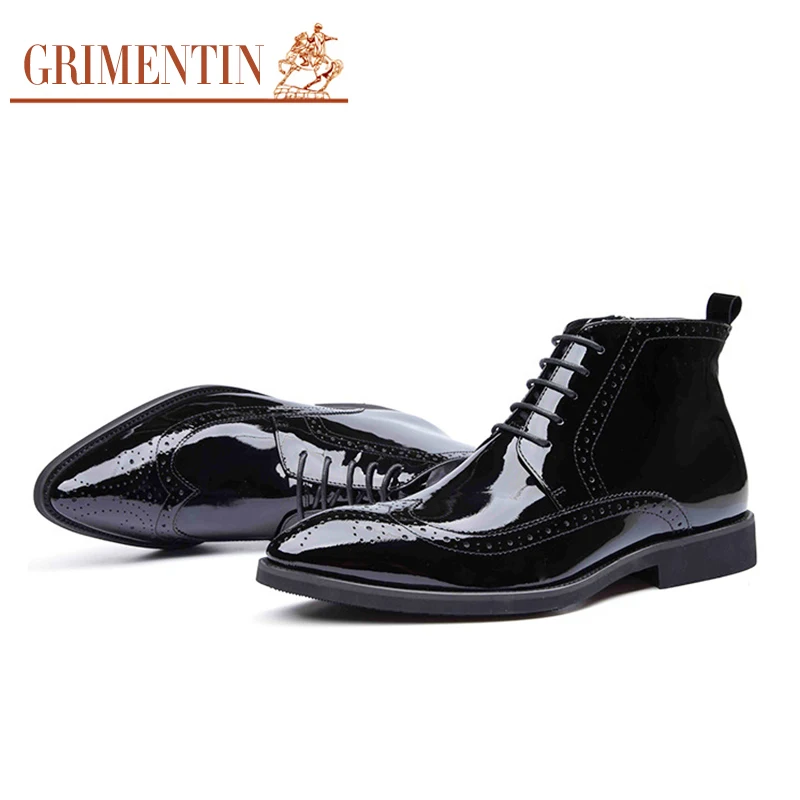 GRIMENTIN black patent leather boots men pointed toe lace up black UK