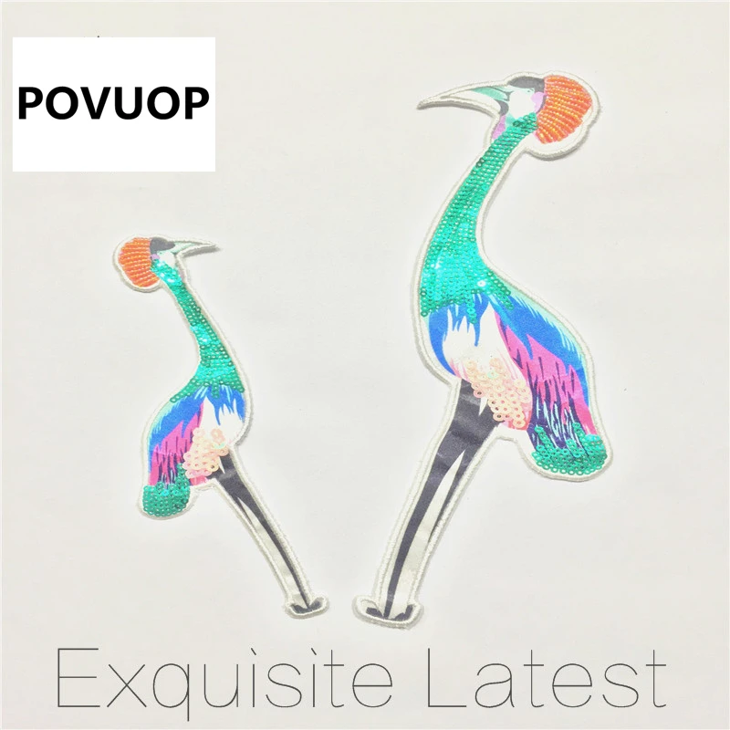 POVUOP Birds patch double crane suit sequins beads cloth T-shirt decorative applique lace sparkle hand sewing | Дом и сад