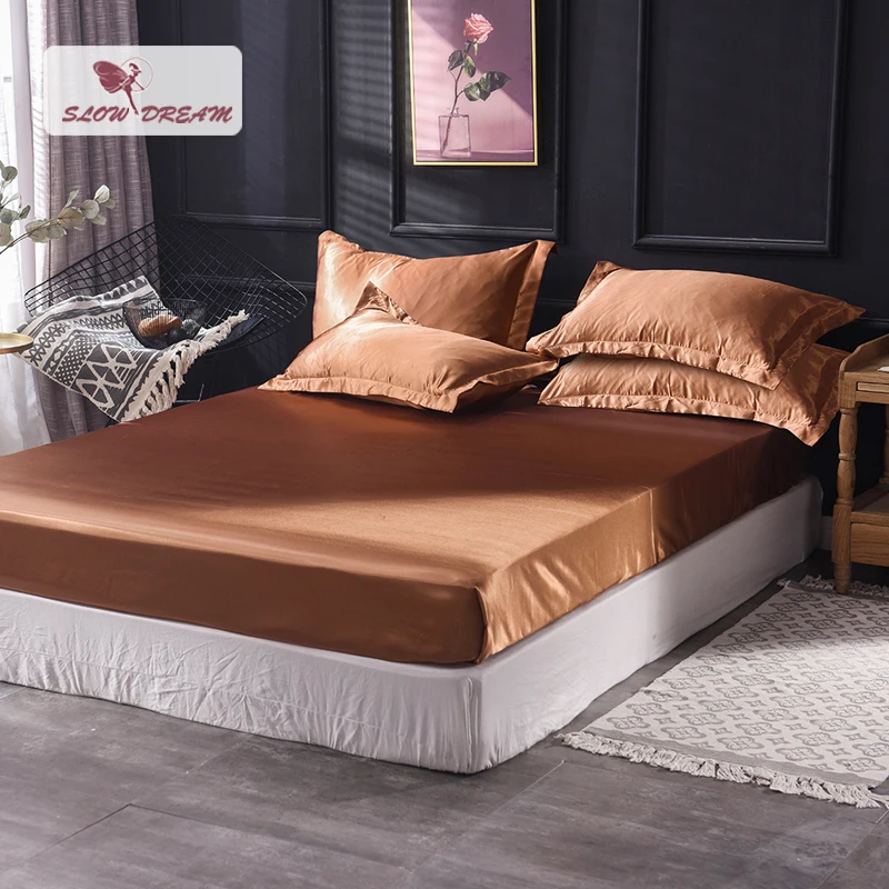 

Slowdream 1 Piece Wholesale Luxury 100% Silk Coffee Fitted Sheet Elastic Band Mattress Cover Queen King Bed Sheets For Women Men