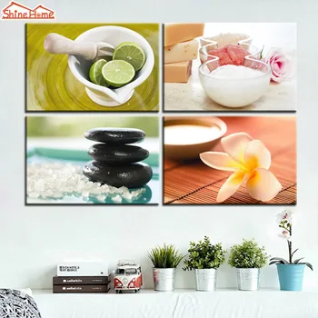 

ShineHome-4pcs Wall Art Canvas Painting Printing Spa Yoga Body Nail Salon Massage Salt Zen Stone Colourful Modular Picture Print