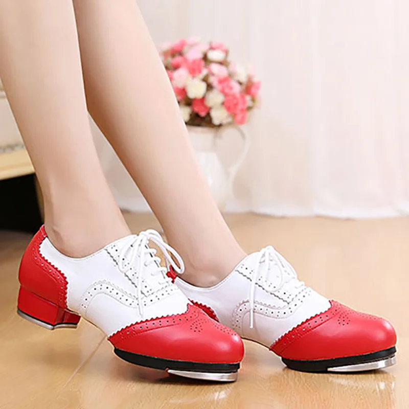 USHINE FF02 Black Red Brown Classic Lace Up Genuine Leather Adult Tap