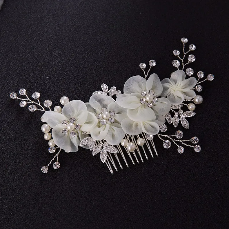 Frauen Braut weiße Blume Strass Perle Haar Kamm Hochzeit Haarschmuck 0U 