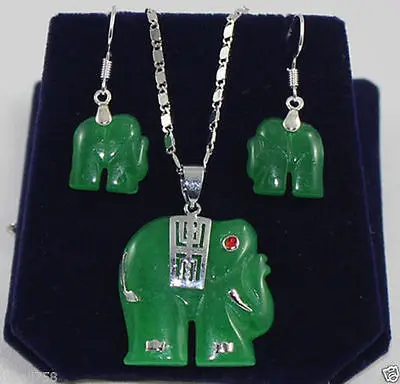 

hot sell new - Fancy carved green stone elephant pendant & earrings set AAA style 100% Natural stone Noble Fine jewe