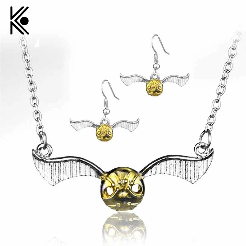 

Set Quidditch Pendant Necklace Earrings Golden Snitch Deathly Hallows Wing Charm Necklace Gift For Fans Movie Jewelry Earring