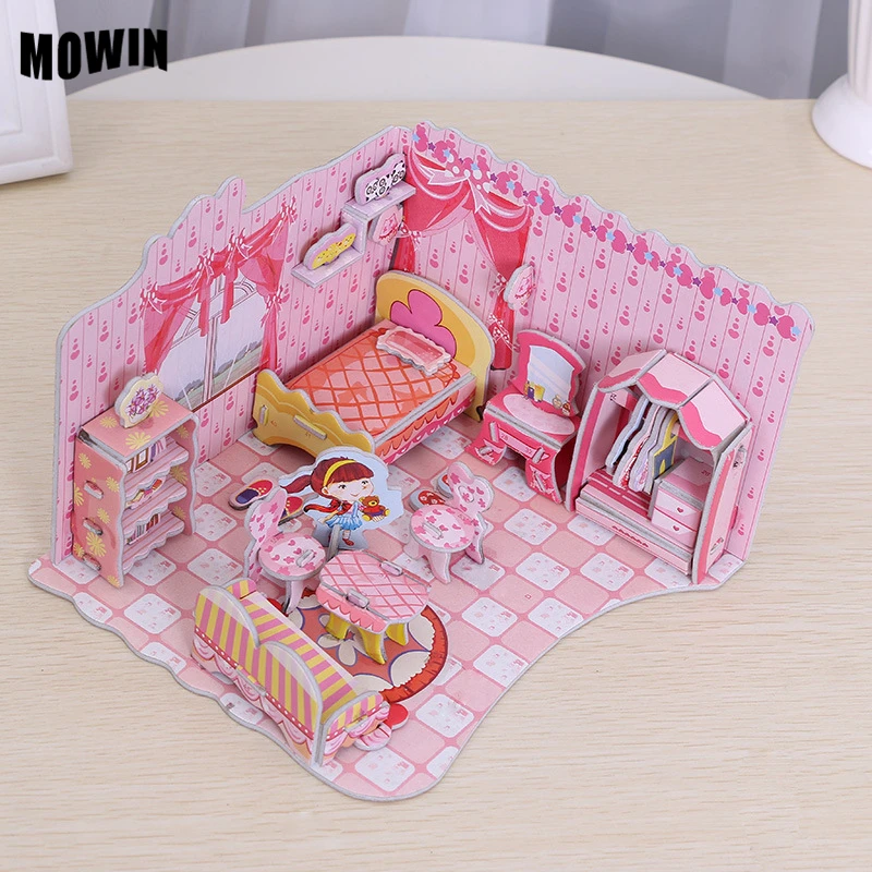 

MOWIN Hot Kindergarten 3D DIY Dollhouse Furniture Pattern Paper Puzzles Jigsaw Model Kits Pink Handmade Model Girls Lovely Toy