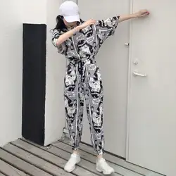 ROPALIA для женщин Harajuku комплект из двух предметов рубашка с короткими рукавами и круглым вырезом Топы + длинные брюки для девочек повседнев