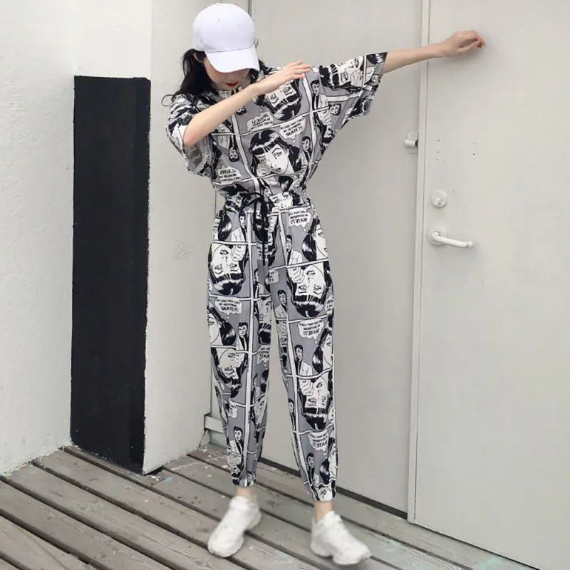 

ROPALIA Women Harajuku Two Piece Set Short Sleeves O Neck T Shirt Tops+Long Pants Casual Tracksuit Cartoon Printed Suit Hip hop