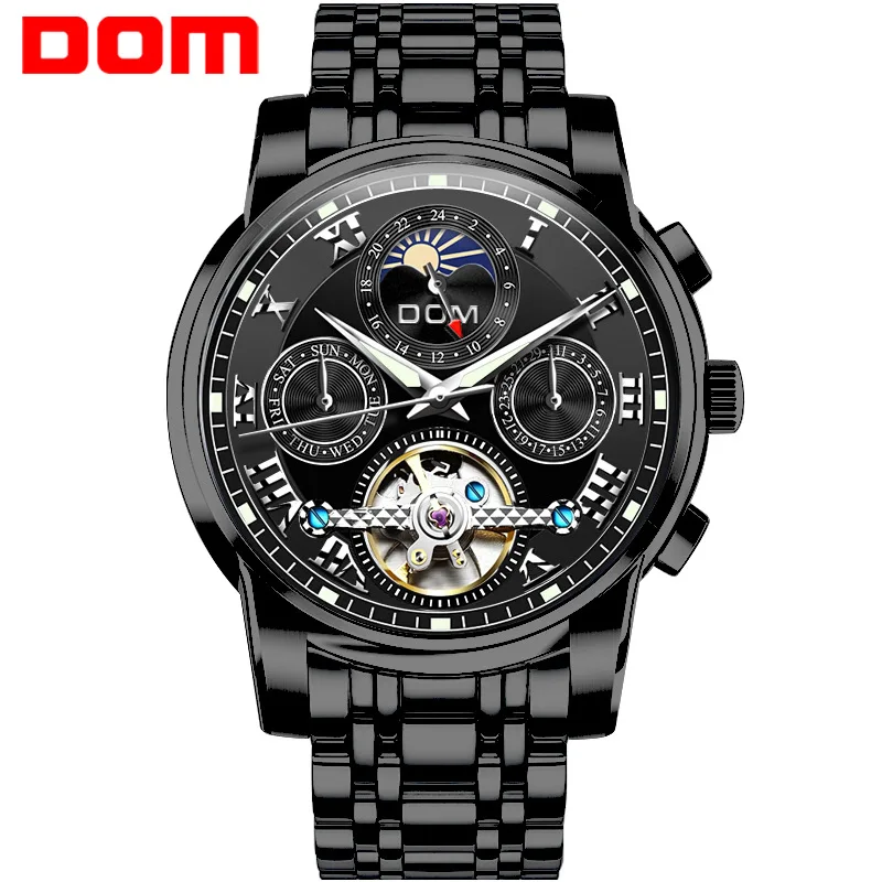 

men's watch Mechanical automatic stainless steel Tourbillon man watch DOM brand men's wristwatches waterproof moon phase