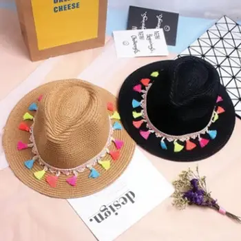 

MISSKY Women Summer Sun Hats Colorful Tassel Sunhat Beach Sunscreen Wide-brimmed Straw Hat Female Caps