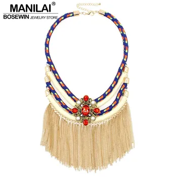 

MANILAI Women Fashion Collar Choker Necklaces Multilayers Cotton Rope Tassel Chains Pendants Rhinestones Statement Maxi Jewelry