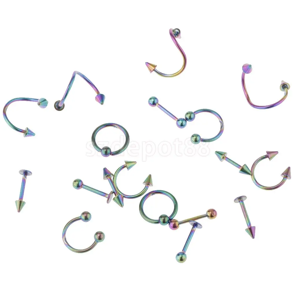 16 Pieces 16g Stainless Steel Assorted Eyebrow Ear Lip Navel Ring Body Piercing Kit