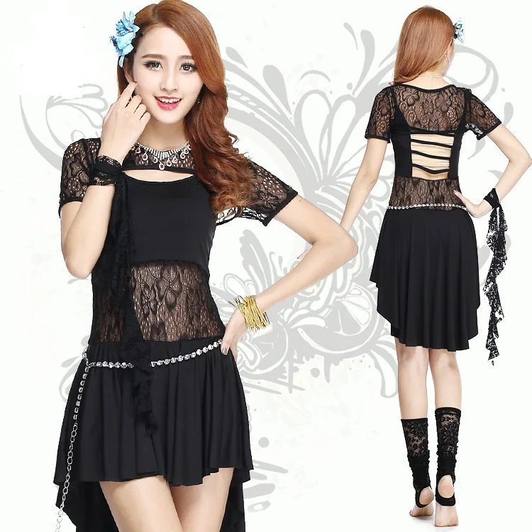 

Danse Du Ventre 4 pieces/set Sexy Black Belly Dance Dress Short Sleeves Lace Gypsy Skirt Performance Belly Dancing Costume LD182
