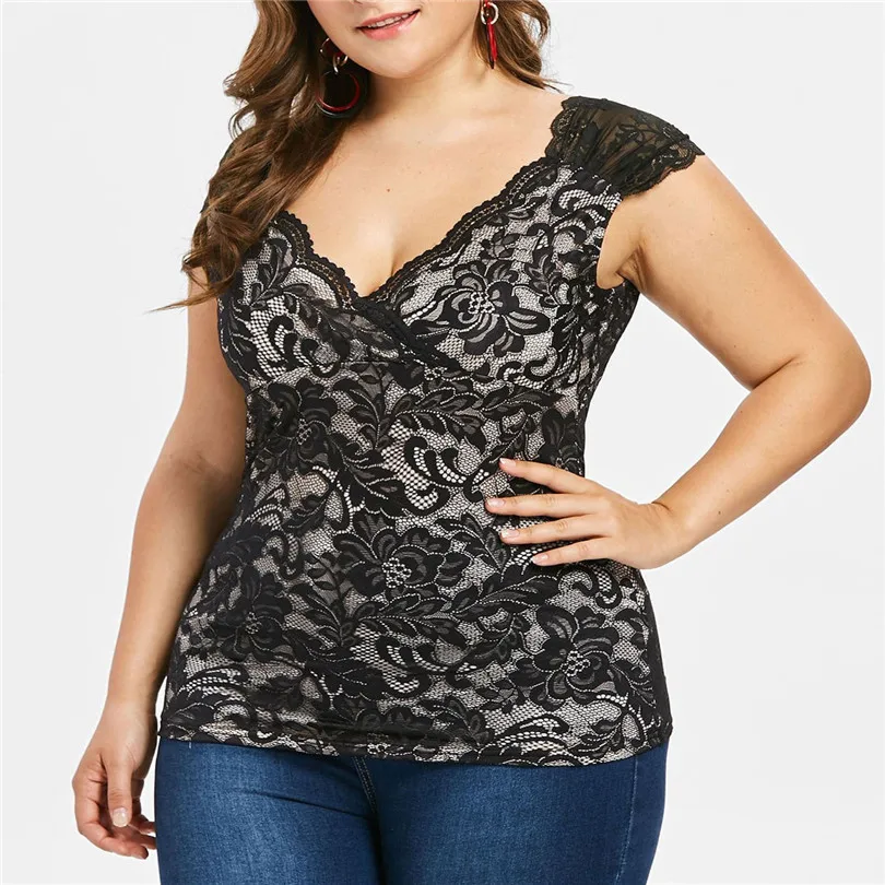 

KWAN_Fashion Women Casual tankini plus Size Openwork lace design V-Neck Sleeveless Vest tank top women vogue tankini women 2#