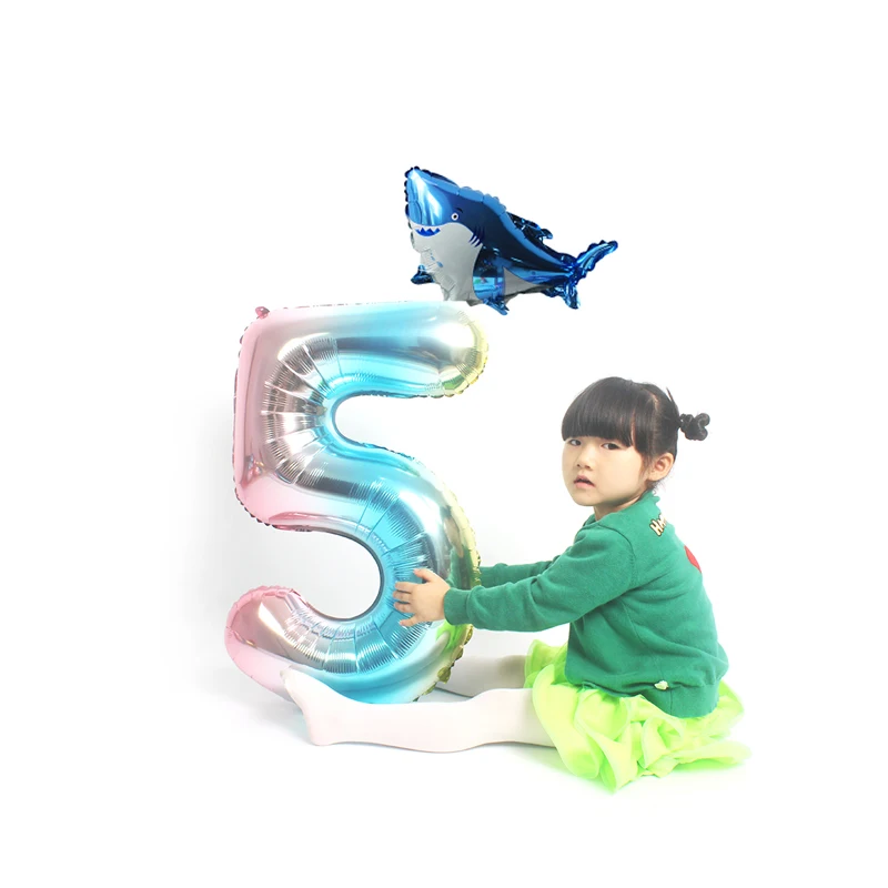 

1st 32inch Gradient blue number shark baby Shower Favors balloons dinosaur shark birthday party decorations kids globos