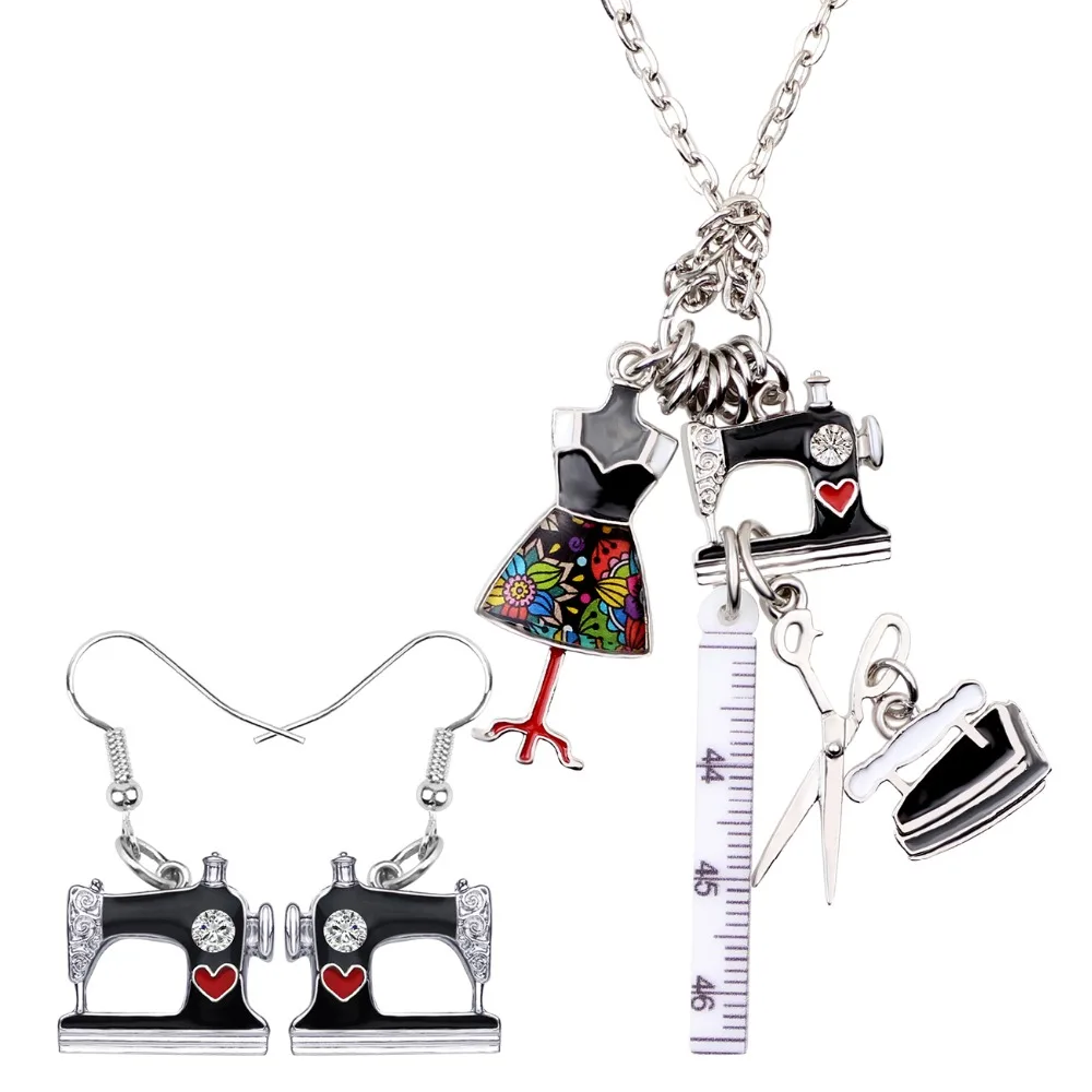 WEVENI эмалевый сплав швейные машины инструменты ножницы с линейкой портной железные серьги ожерелье Ретро Ювелирные наборы для женщин подарок для девочек