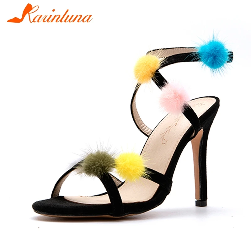 

KARINLUNA 2019 New plus size 32-45 Sweet Hairball decoration sandals women summer ladies High heels women shoes woman