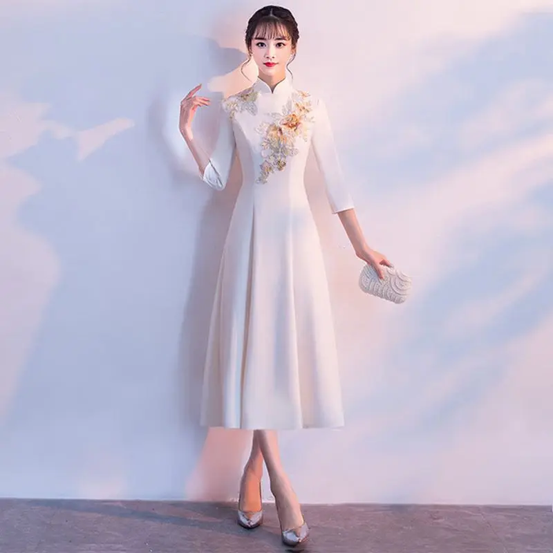 Элегантное белое платье Qipao с цветочной вышивкой классическое свадебное