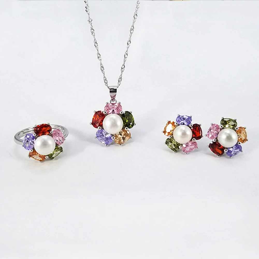 

Luxury Sterling Silver Zircon Flower Jewelry Set Woman Freshwater Pearl Jewelry Set Oyster Pearl Jewelry Making Accessory