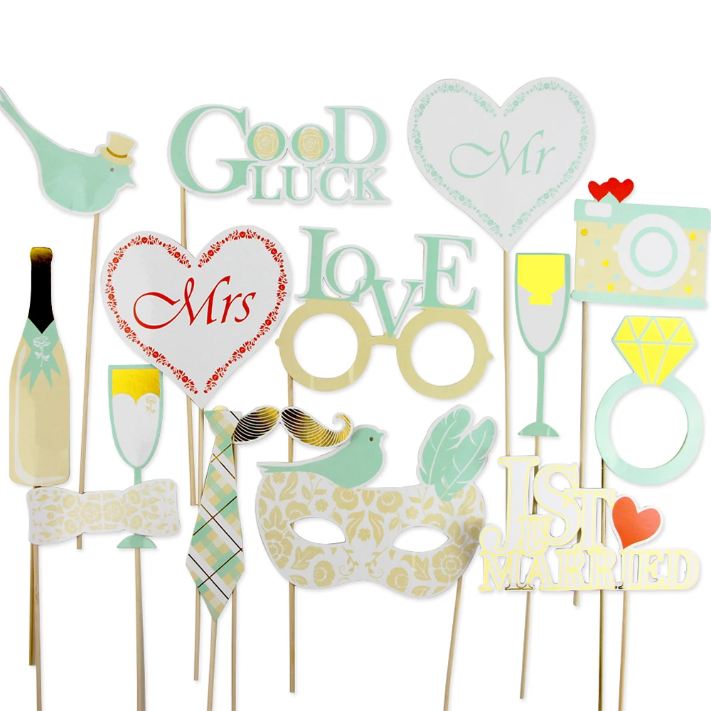 

16pcs Mint Wedding Photo Booth Props Kit with Gold Foiled Edge Photo Props on a Stick Wedding Signs Outdoor Photography