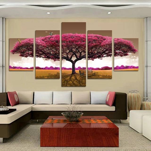 canvas wall art pictures frame kitchen restaurant decor 4 pieces purple tree landscape living room hd