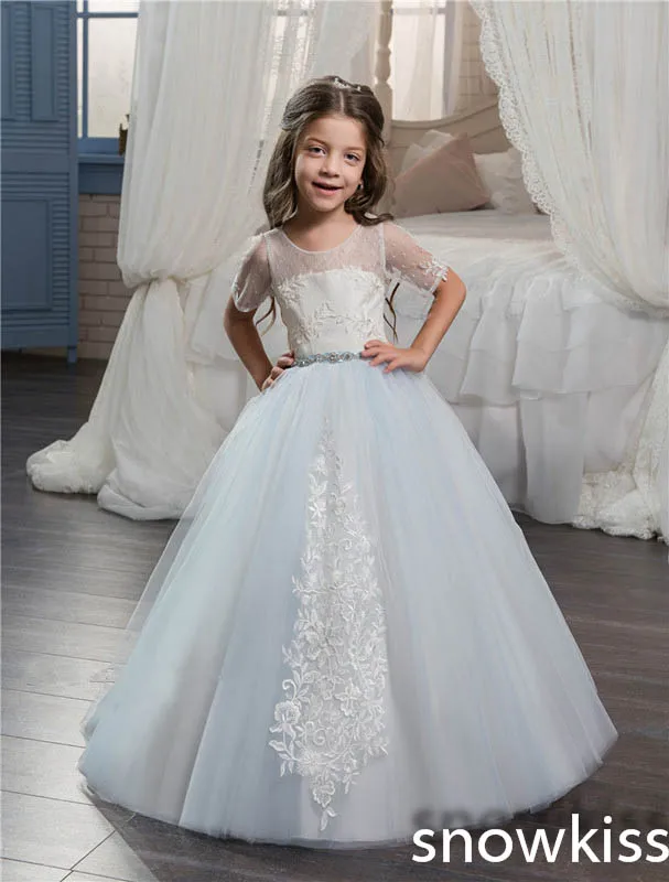 2018 sky blue sheer crew neck flower girl dress for wedding with lace appliques open back toddler pageant prom dresses with bow